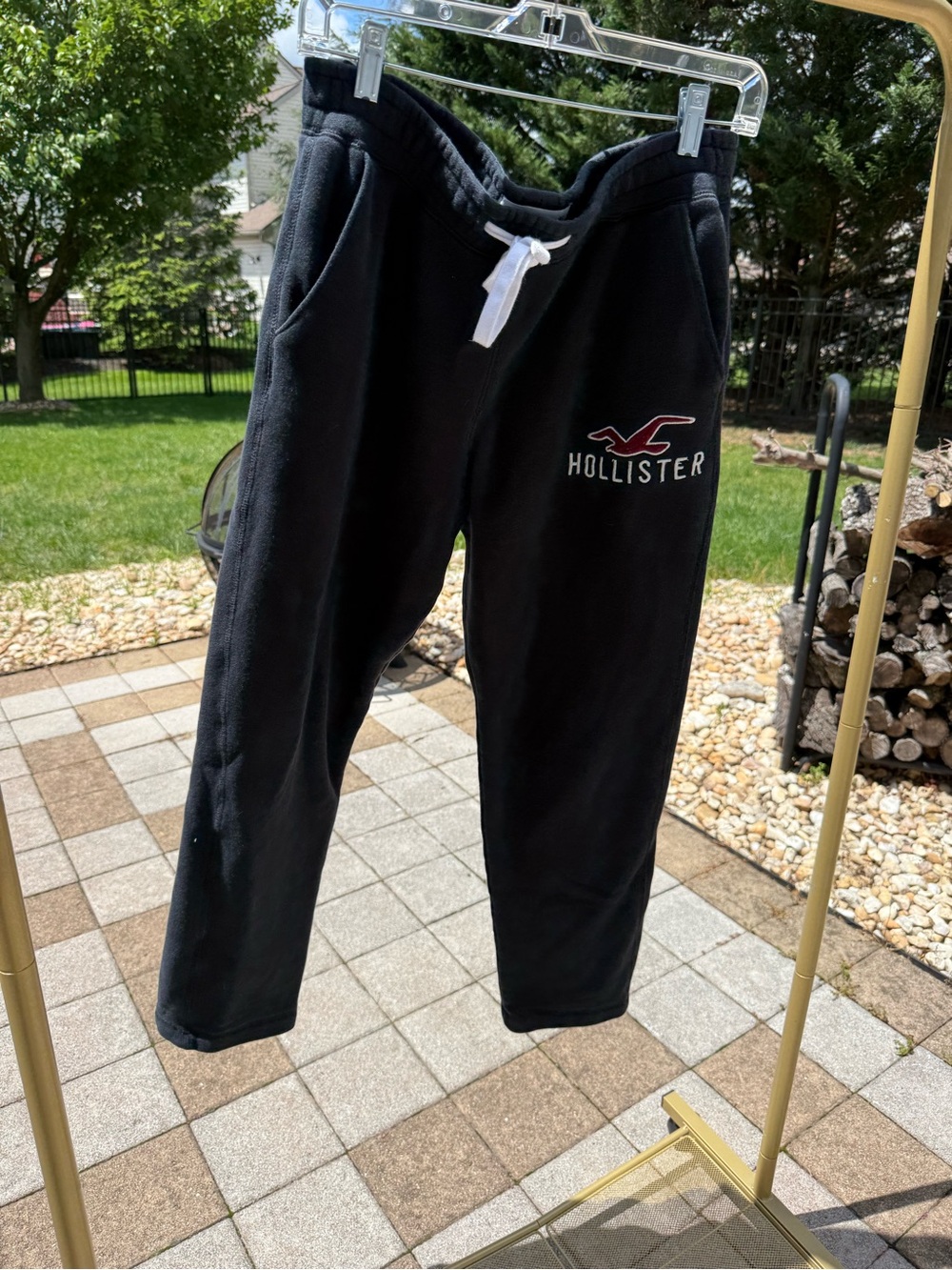 Hollister Black Sweatpants with White Drawstring and Red Logo